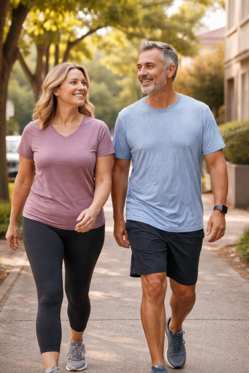 Homem e mulher adultos caminhando pela rua em ritmo tranquilo, representando um estilo de vida ativo e saudável na maturidade.